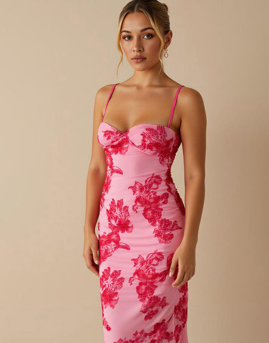 Robe de soirée longue à bretelles spaghetti rose clair imprimée en mousseline de soie