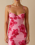 Robe de soirée longue à bretelles spaghetti rose clair imprimée en mousseline de soie