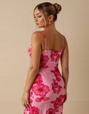 Robe de soirée longue à bretelles spaghetti rose clair imprimée en mousseline de soie