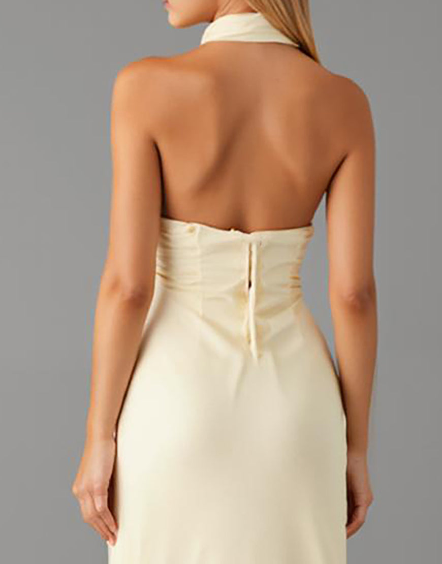 Robe formelle en mousseline de soie à col en V jonquille