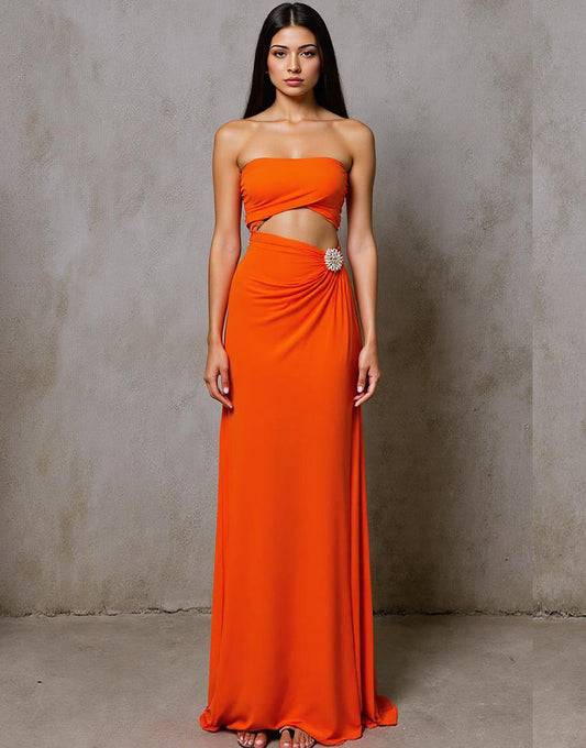 Robe de soirée longue en mousseline de soie orange sans bretelles découpées