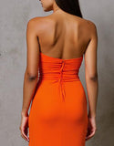 Robe de soirée longue en mousseline de soie orange sans bretelles découpées