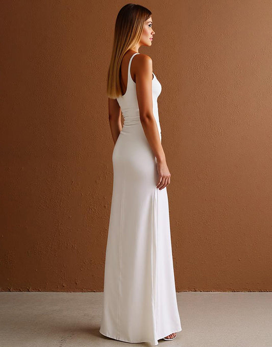 Robe formelle simple à bretelles spaghetti fourreau satin ivoire