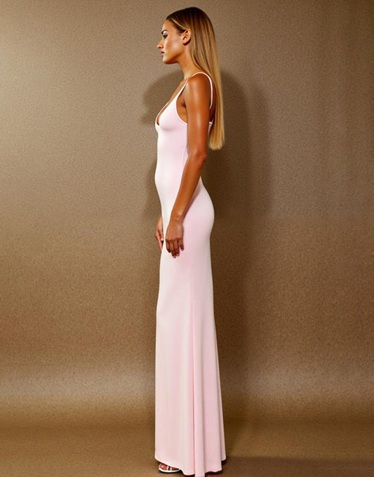 Robe longue formelle simple à bretelles spaghetti rose clair