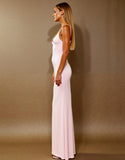Robe longue formelle simple à bretelles spaghetti rose clair
