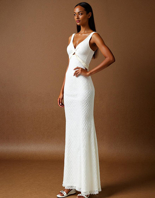 Robe de soirée sirène en mousseline de soie ivoire à col en V
