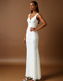 Robe de soirée sirène en mousseline de soie ivoire à col en V