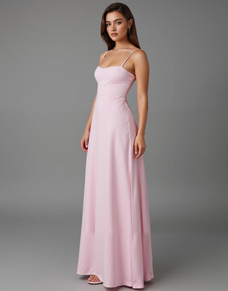 Robe de soirée en mousseline de soie à bretelles spaghetti rose clair