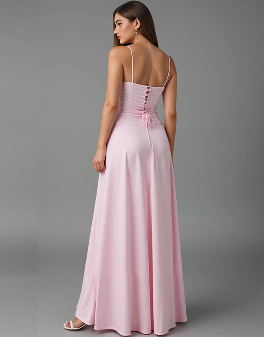 Robe de soirée en mousseline de soie à bretelles spaghetti rose clair