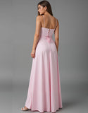 Robe de soirée en mousseline de soie à bretelles spaghetti rose clair
