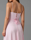 Robe de soirée en mousseline de soie à bretelles spaghetti rose clair