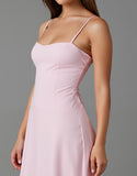 Robe de soirée en mousseline de soie à bretelles spaghetti rose clair