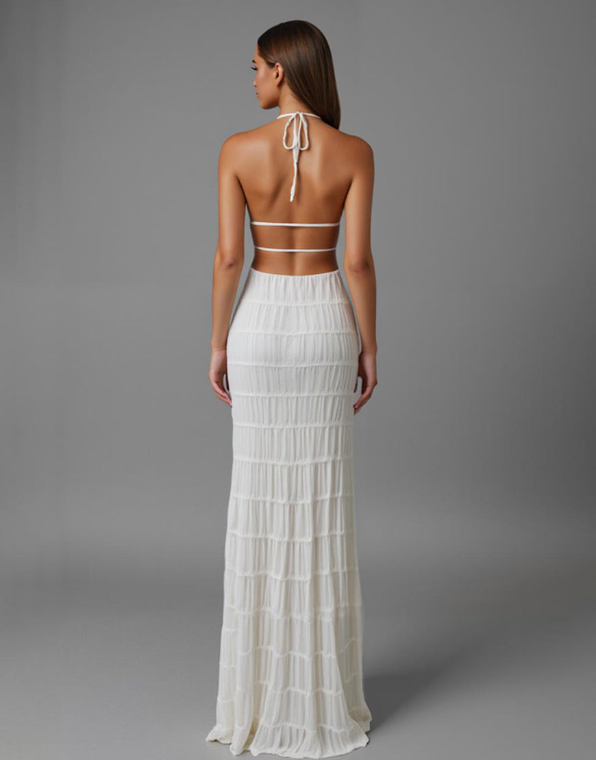Robe de soirée longue dos nu fourreau en mousseline de soie ivoire