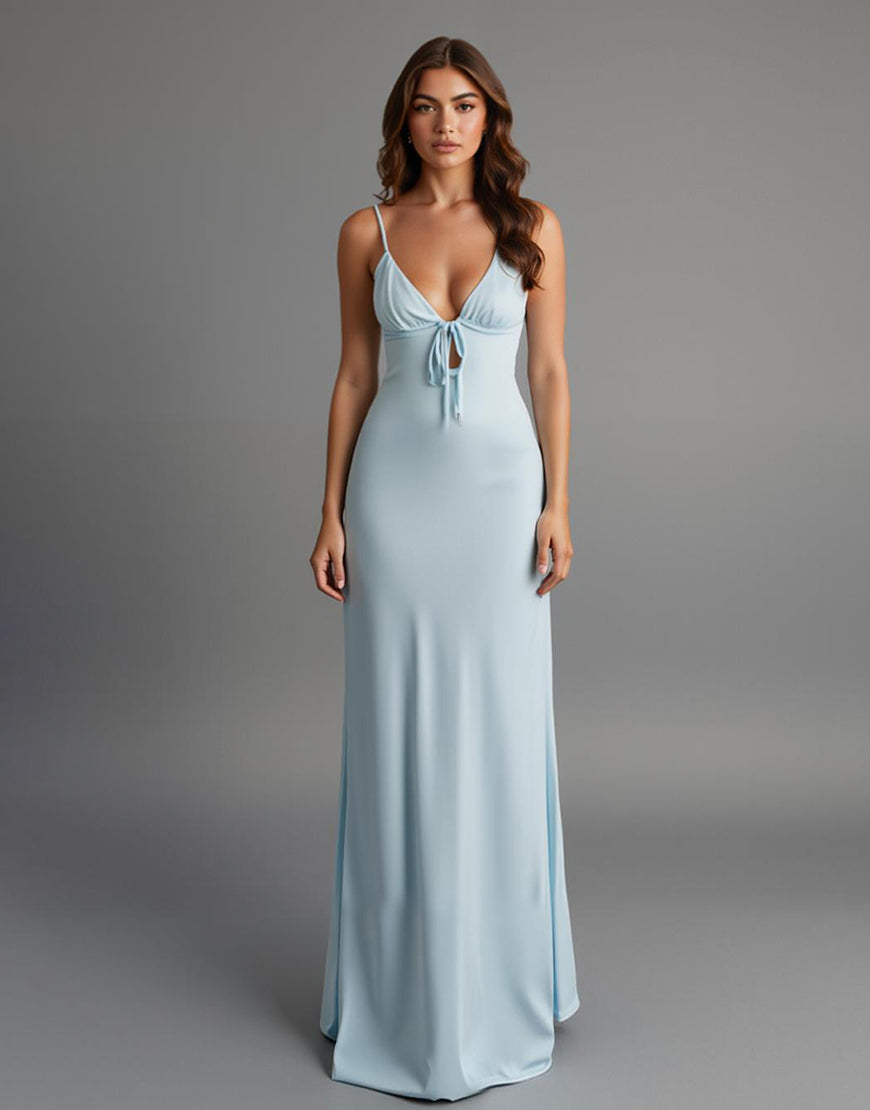 Robe de soirée en satin à bretelles spaghetti bleu ciel