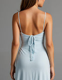 Robe de soirée en satin à bretelles spaghetti bleu ciel