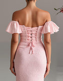 Robe de soirée en satin sirène rose clair à épaules dénudées