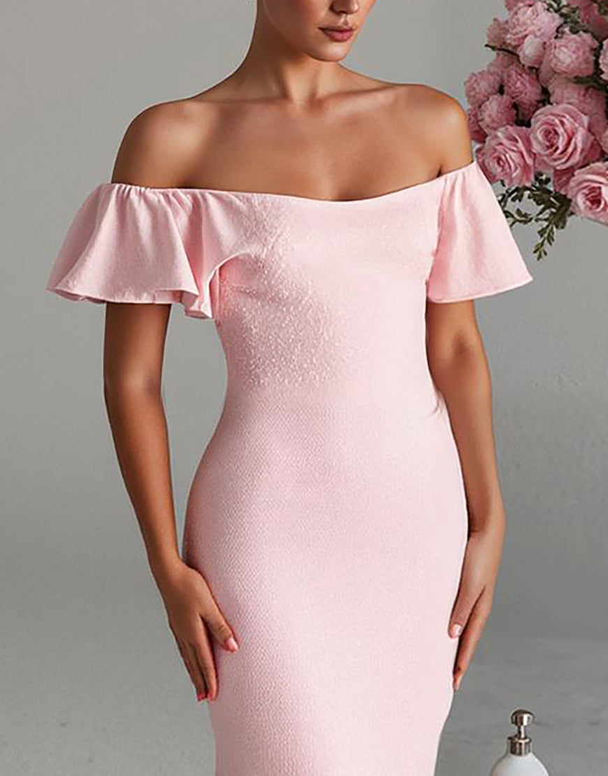 Robe de soirée en satin sirène rose clair à épaules dénudées