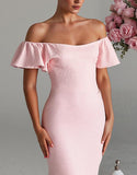 Robe de soirée en satin sirène rose clair à épaules dénudées