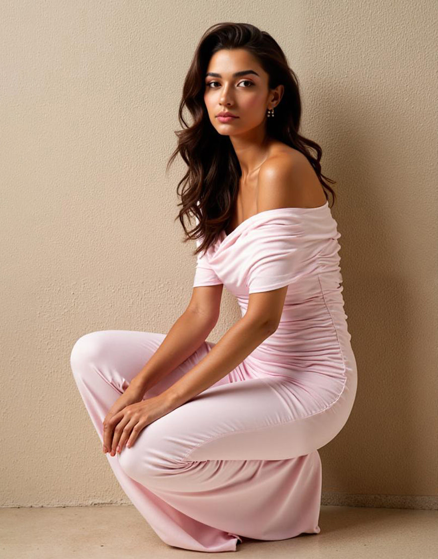 Robe de soirée en mousseline de soie sirène rose clair à épaules dénudées