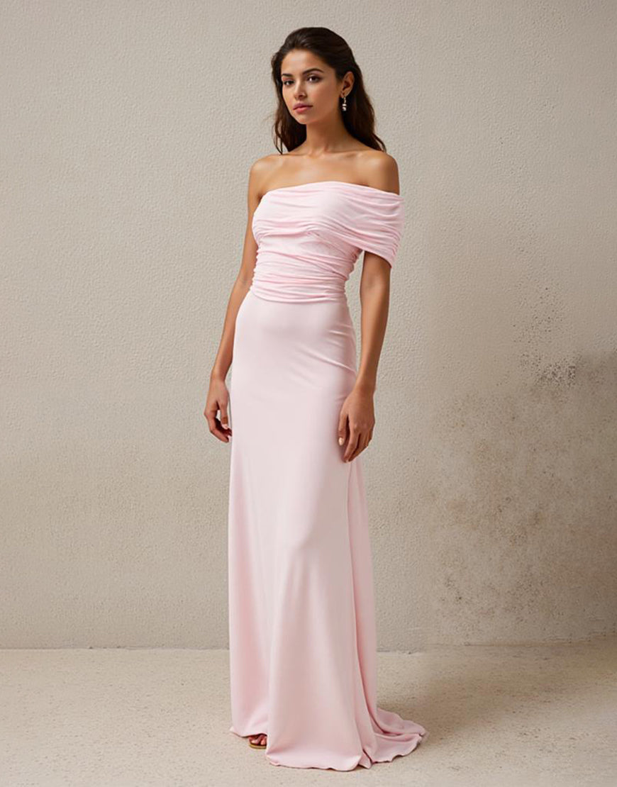 Robe de soirée longue fourreau froncé rose clair à une épaule