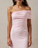 Robe de soirée longue fourreau froncé rose clair à une épaule
