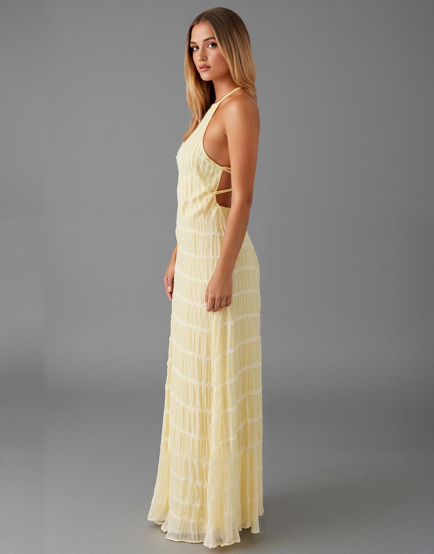Robe de soirée en mousseline de soie plissée dos nu jonquille