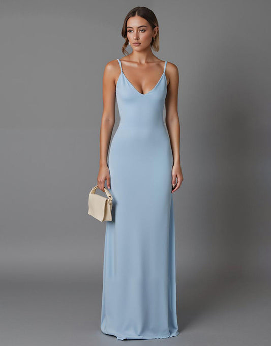 Robe de soirée longue en mousseline de soie à bretelles spaghetti bleu ciel
