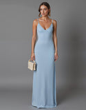 Robe de soirée longue en mousseline de soie à bretelles spaghetti bleu ciel