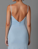 Robe de soirée longue en mousseline de soie à bretelles spaghetti bleu ciel