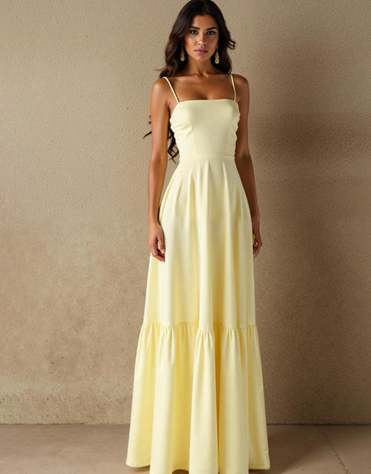 Robe de soirée à bretelles spaghetti en coton jonquille