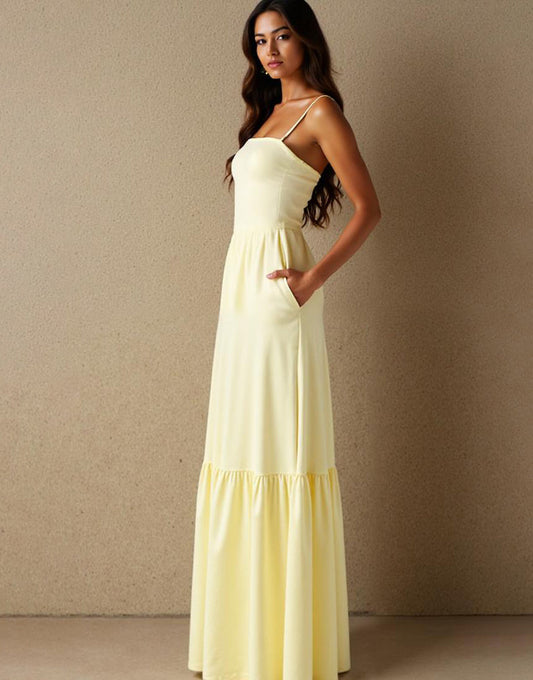 Robe de soirée à bretelles spaghetti en coton jonquille
