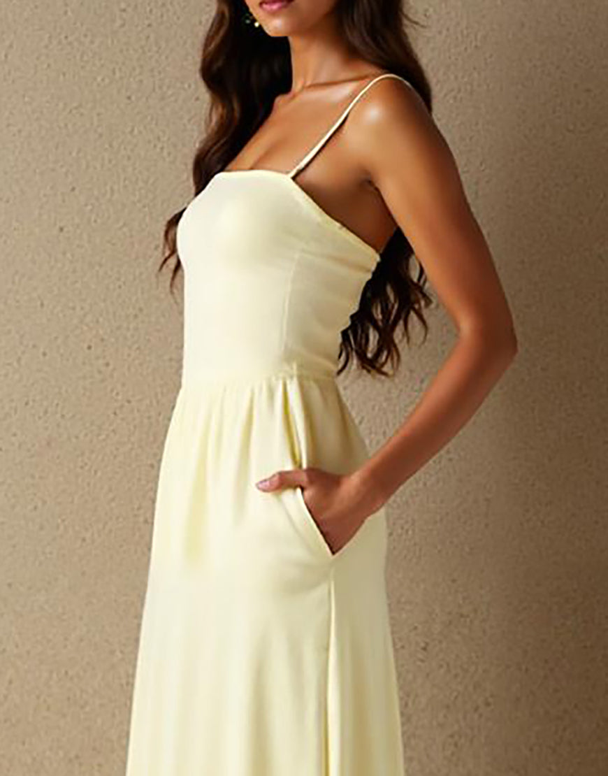 Robe de soirée à bretelles spaghetti en coton jonquille