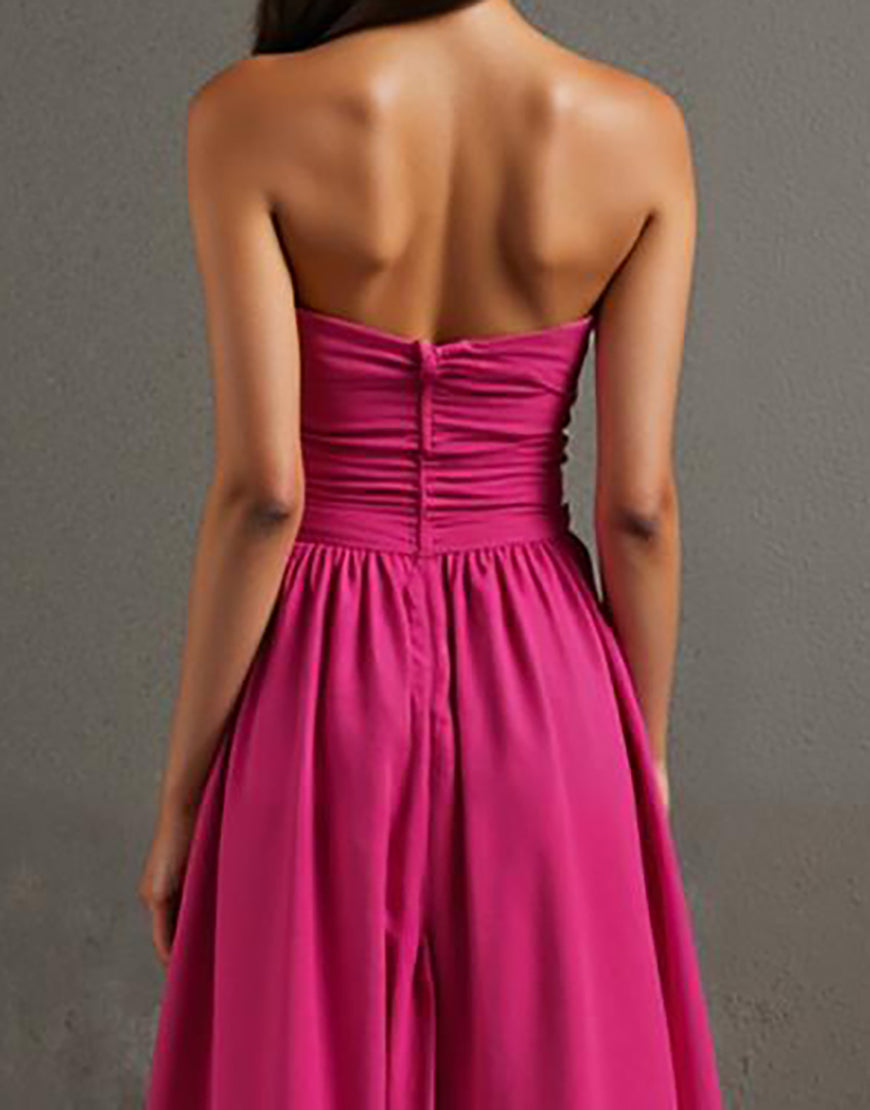 Robe de soirée bustier fuchsia A Line froncée Cottton