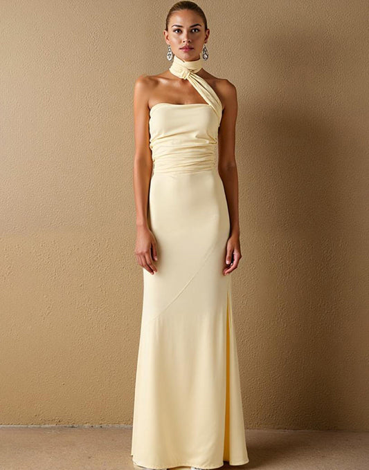 Robe de soirée longue dos nu en satin satiné jonquille