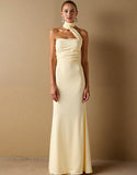 Robe de soirée longue dos nu en satin satiné jonquille