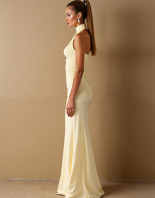 Robe de soirée longue dos nu en satin satiné jonquille