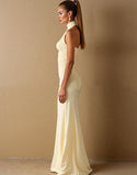 Robe de soirée longue dos nu en satin satiné jonquille