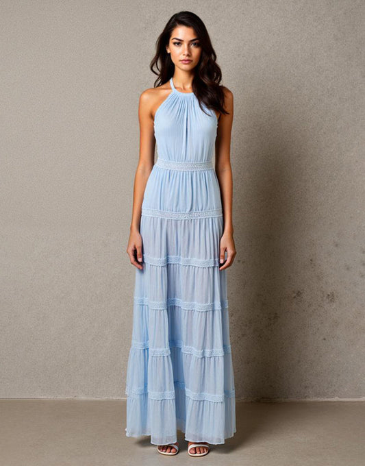 Robe de soirée froncée bleu ciel licol