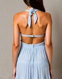 Robe de soirée froncée bleu ciel licol