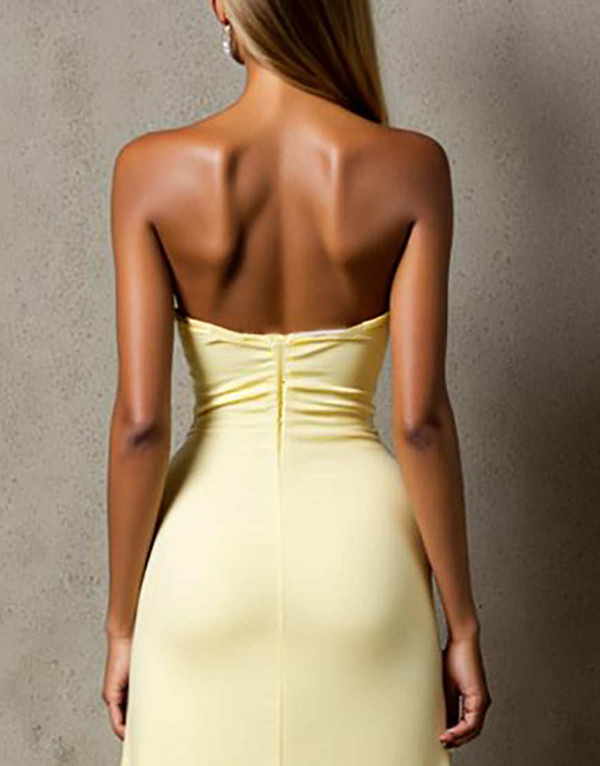 Robe de soirée sans bretelles en mousseline de soie jonquille