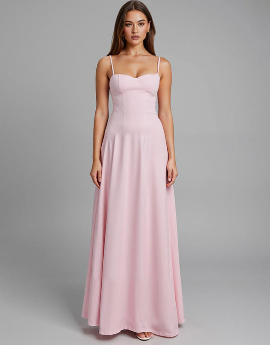 Robe de soirée longue simple rose clair à bretelles spaghetti