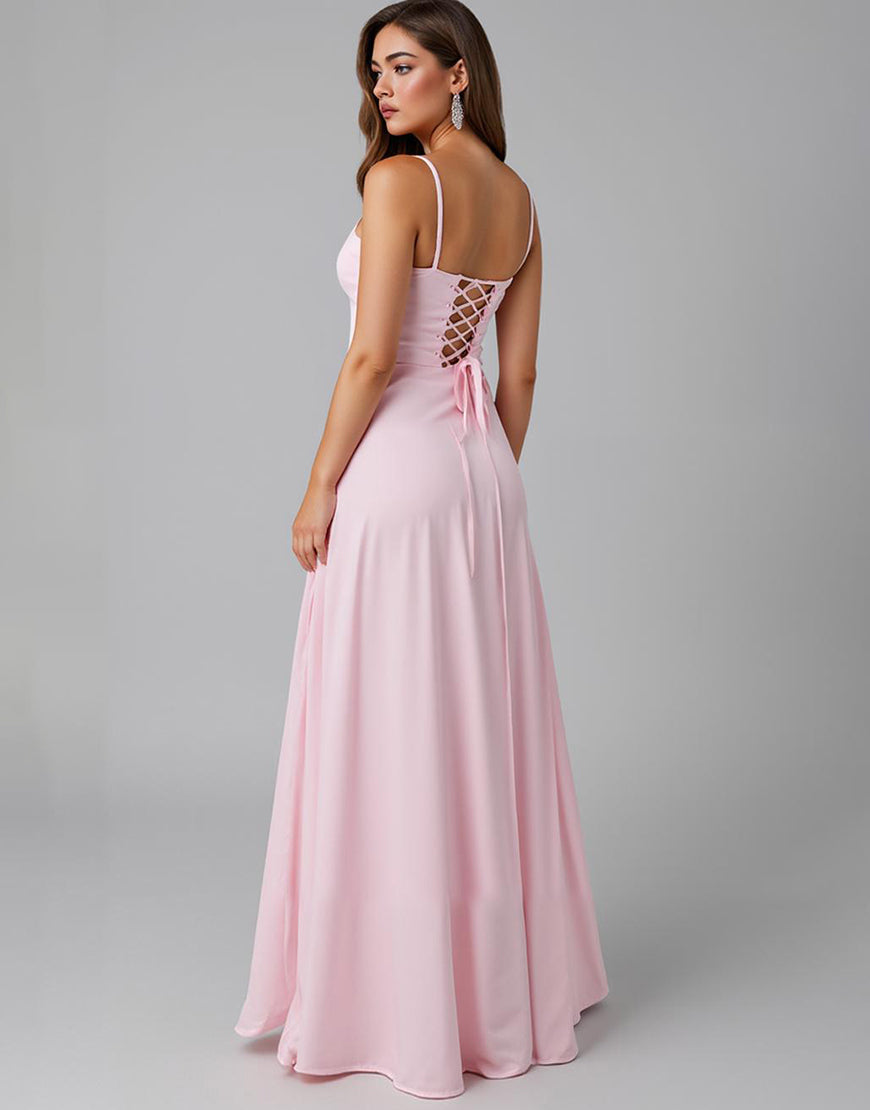 Robe de soirée longue simple rose clair à bretelles spaghetti