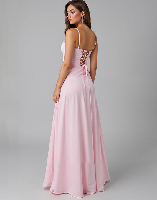 Robe de soirée longue simple rose clair à bretelles spaghetti
