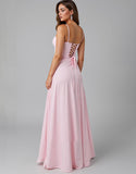Robe de soirée longue simple rose clair à bretelles spaghetti