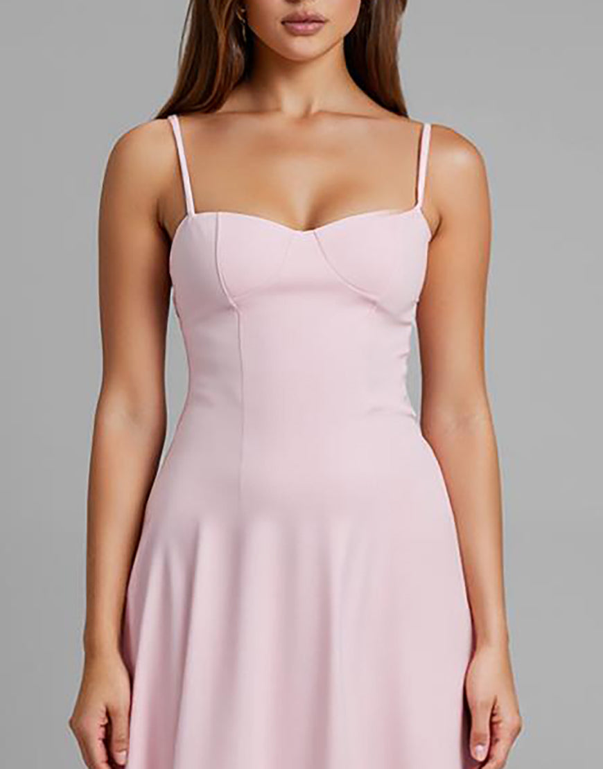 Robe de soirée longue simple rose clair à bretelles spaghetti