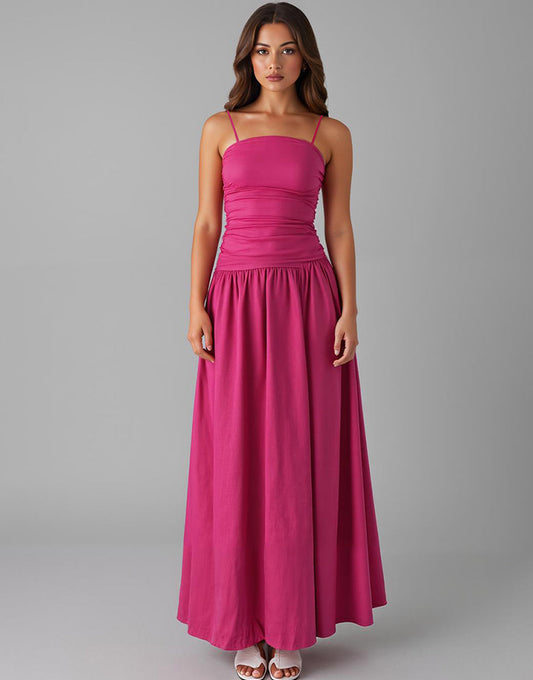 Robe de soirée en coton fuchsia à bretelles spaghetti