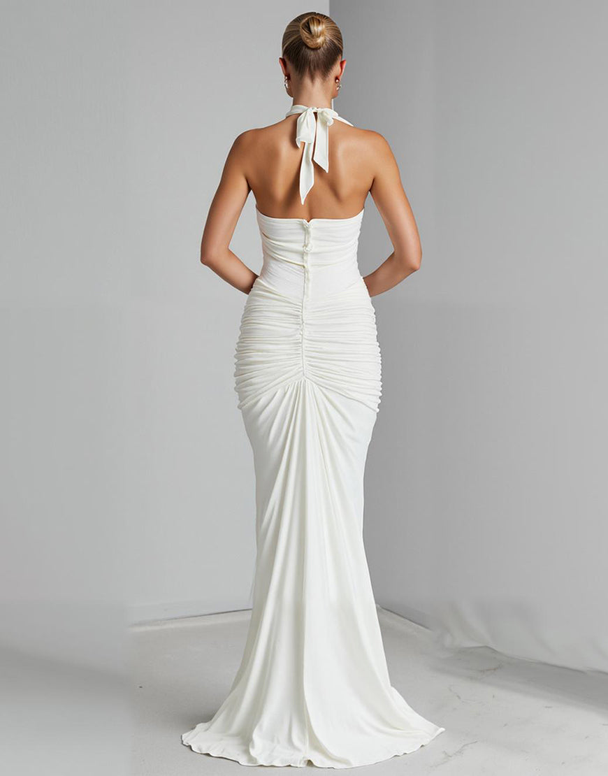 Robe de soirée longue en mousseline de soie en mousseline de soie ivoire dos nu