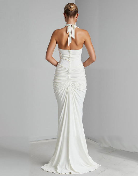 Robe de soirée longue en mousseline de soie en mousseline de soie ivoire dos nu