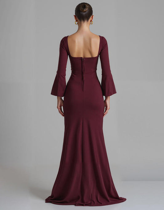 Robe de soirée sirène en satin à col en V rouge foncé avec fente