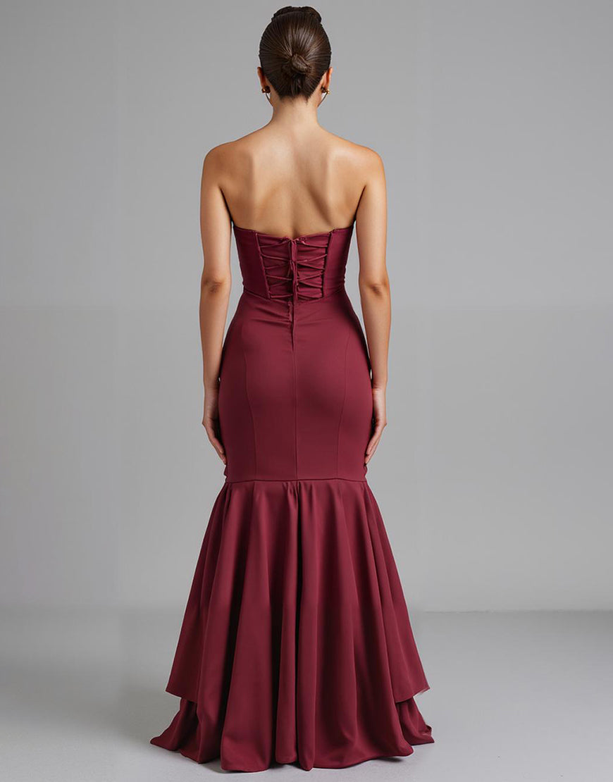 Robe de soirée sans bretelles en mousseline de soie rouge foncé Sirène High-Low